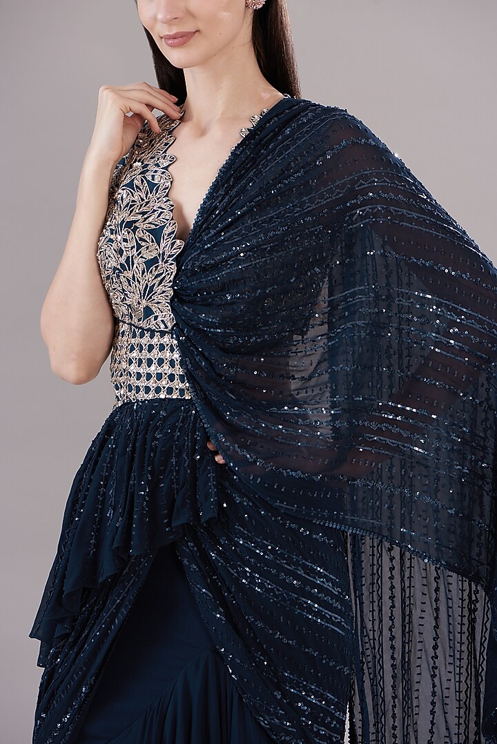Blue Georgette & Organza Embroidered Concept Bridal Gown Saree by Varun Nidhika at Pernia's Pop Up Shop