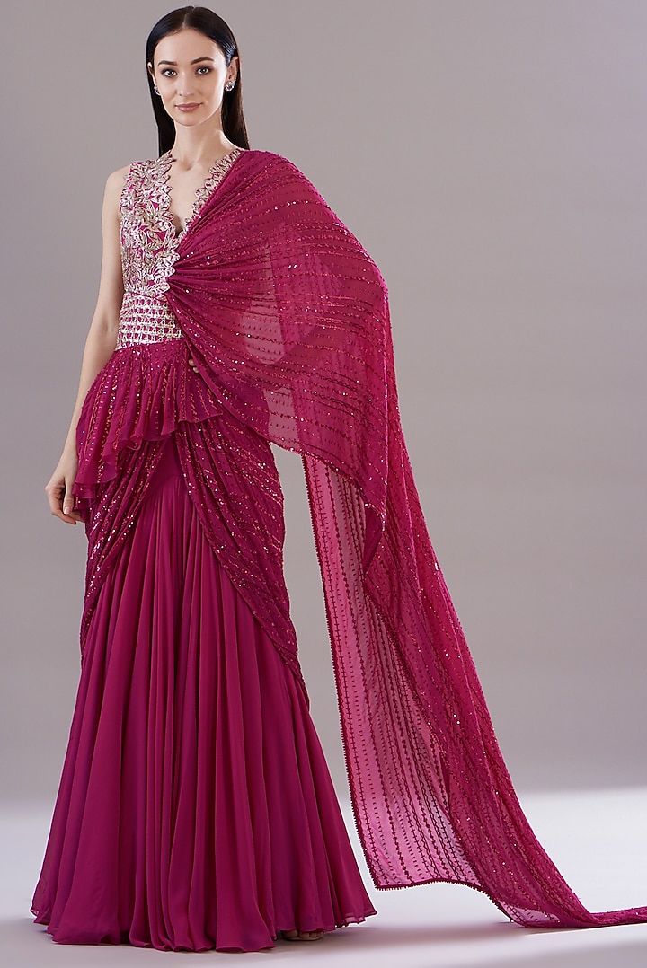 Fuschia Georgette & Organza Embroidered Concept Gown Saree by Varun Nidhika
