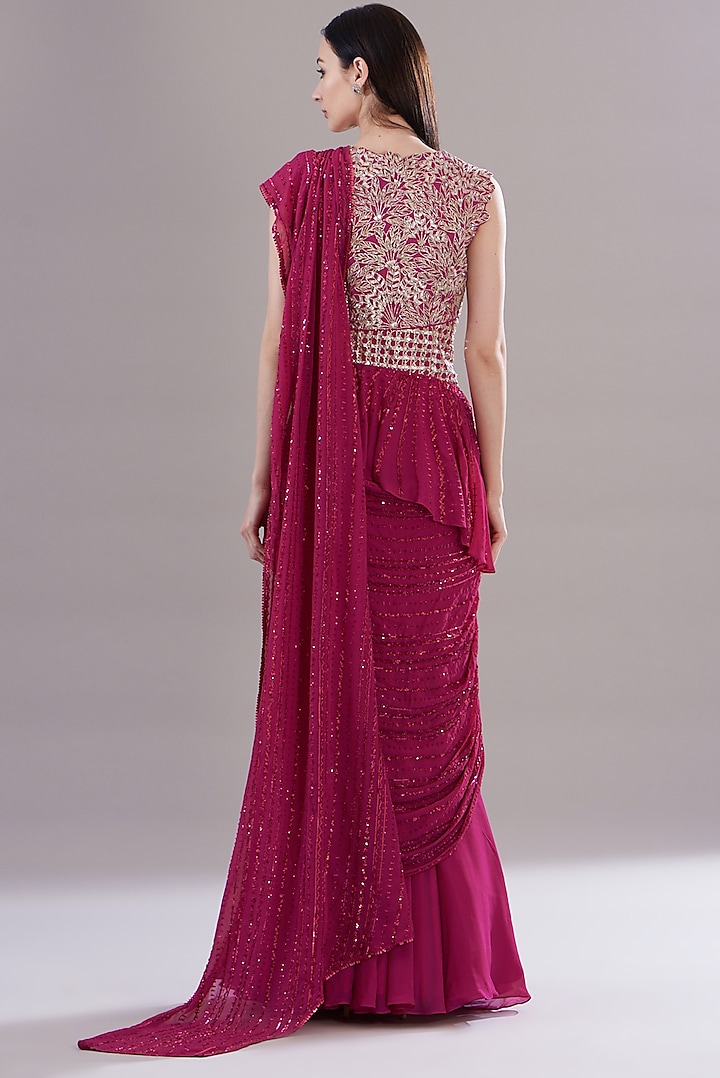Fuschia Georgette & Organza Embroidered Concept Bridal Gown Saree by Varun Nidhika at Pernia's Pop Up Shop