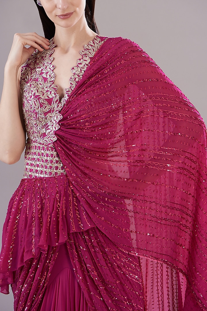 Fuschia Georgette & Organza Embroidered Concept Bridal Gown Saree by Varun Nidhika at Pernia's Pop Up Shop