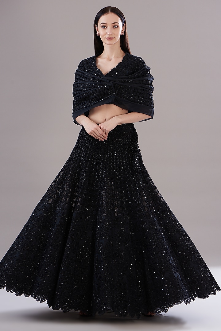 Black Silk Organza Embroidered Jacket Bridal Lehenga Set by Varun Nidhika at Pernia's Pop Up Shop
