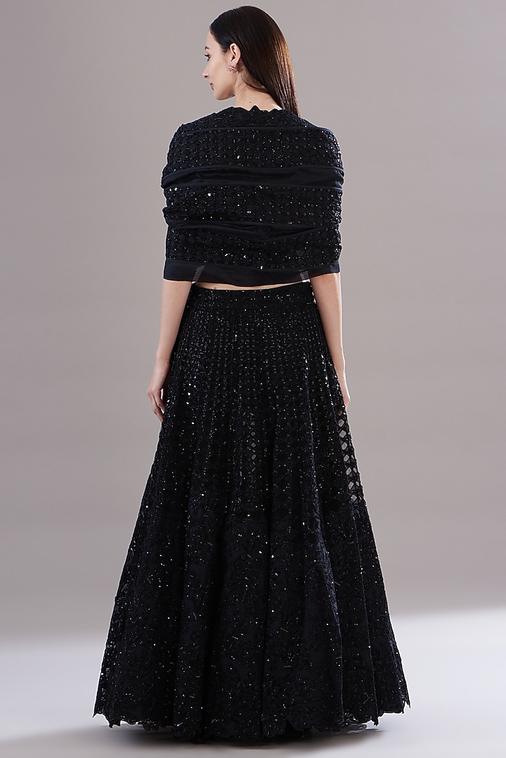 Black Silk Organza Embroidered Jacket Bridal Lehenga Set by Varun Nidhika at Pernia's Pop Up Shop