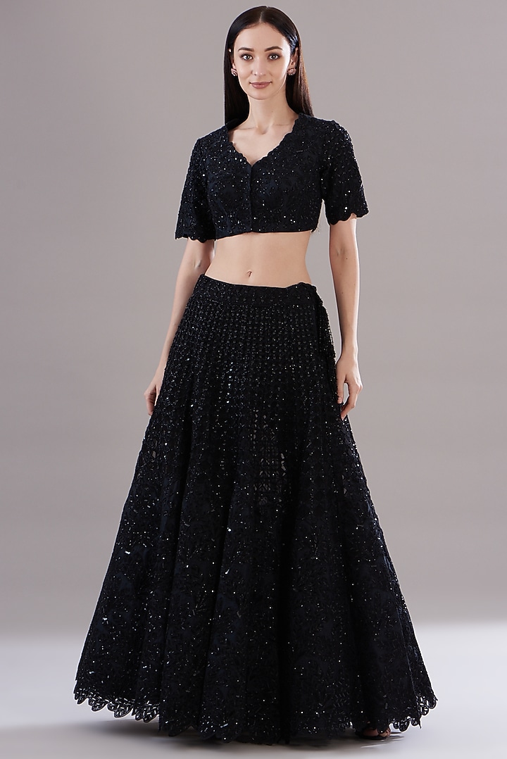 Black Silk Organza Embroidered Jacket Bridal Lehenga Set by Varun Nidhika at Pernia's Pop Up Shop