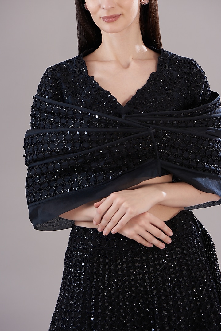 Black Silk Organza Embroidered Jacket Bridal Lehenga Set by Varun Nidhika at Pernia's Pop Up Shop