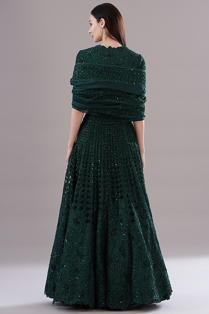 Green Silk Organza Embroidered Jacket Bridal Lehenga Set by Varun Nidhika at Pernia's Pop Up Shop