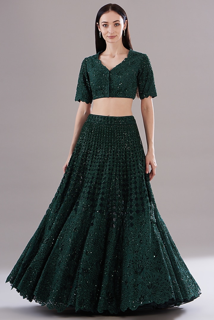 Green Silk Organza Embroidered Jacket Bridal Lehenga Set by Varun Nidhika at Pernia's Pop Up Shop