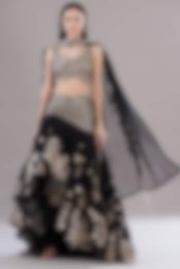 Black Silk Organza Embroidered Asymmetric Bridal Lehenga Set by Varun Nidhika at Pernia's Pop Up Shop