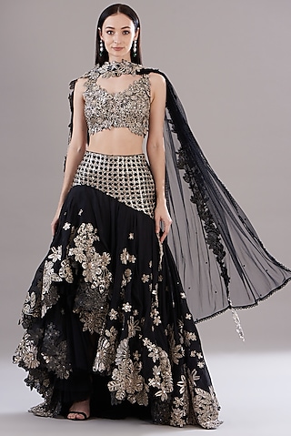 Black Silk Organza Embroidered Asymmetric Lehenga Set by Varun Nidhika