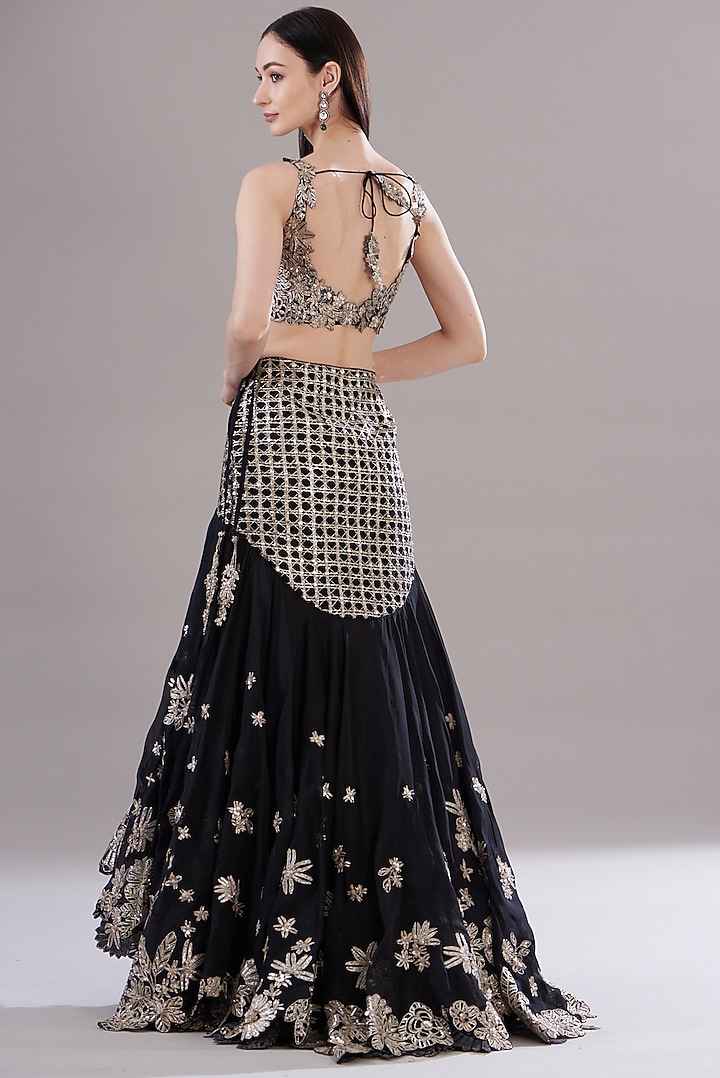Black Silk Organza Embroidered Asymmetric Bridal Lehenga Set by Varun Nidhika at Pernia's Pop Up Shop