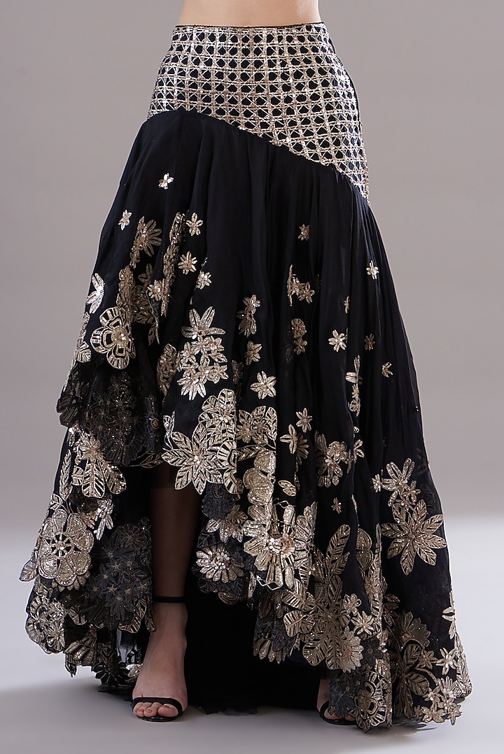 Black Silk Organza Embroidered Asymmetric Bridal Lehenga Set by Varun Nidhika at Pernia's Pop Up Shop