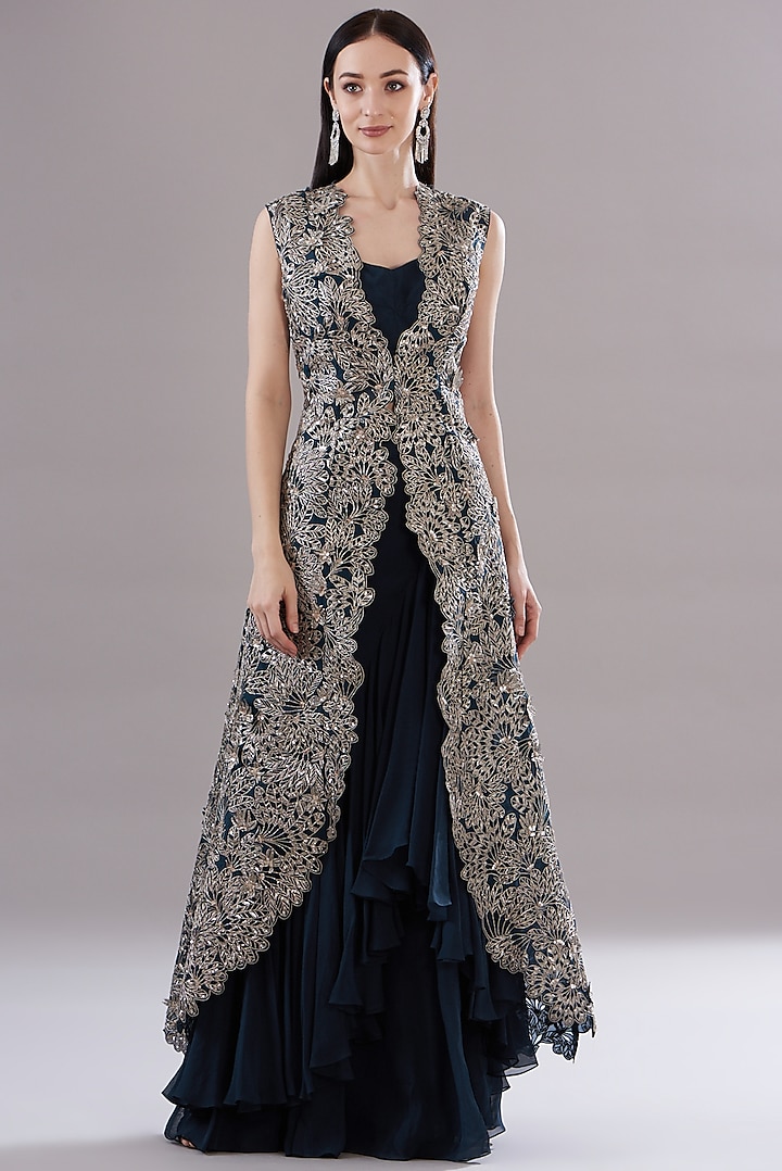 Blue Silk Organza Embroidered Jacket Set by Varun Nidhika at Pernia's Pop Up Shop