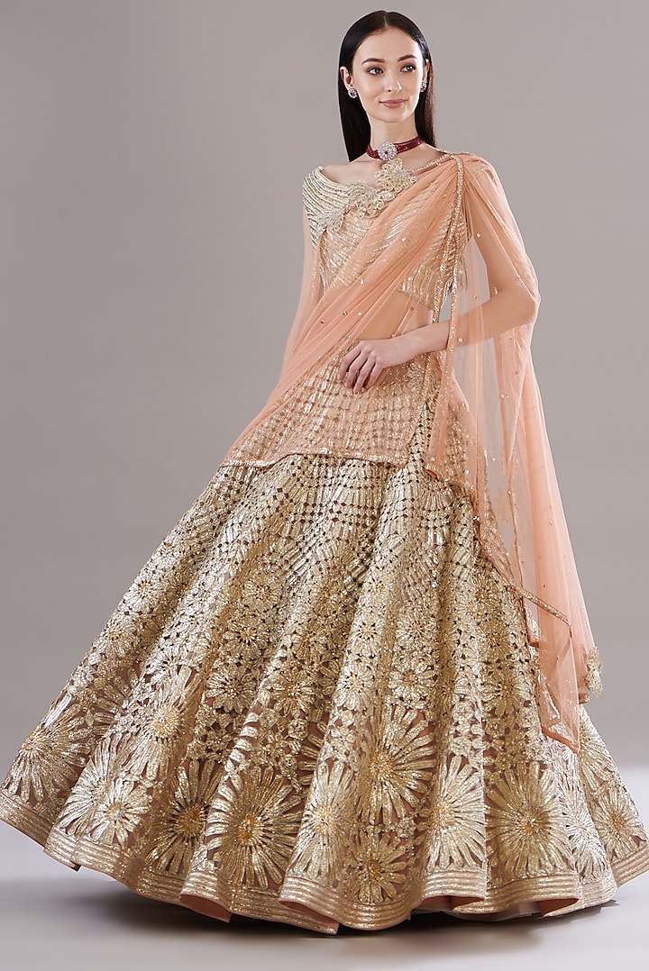 Gold Silk Organza Embroidered Bridal Lehenga Set by Varun Nidhika at Pernia's Pop Up Shop