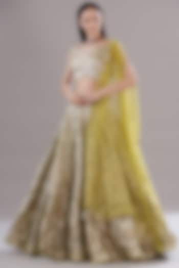 Gold Silk Organza Embroidered Bridal Lehenga Set by Varun Nidhika at Pernia's Pop Up Shop