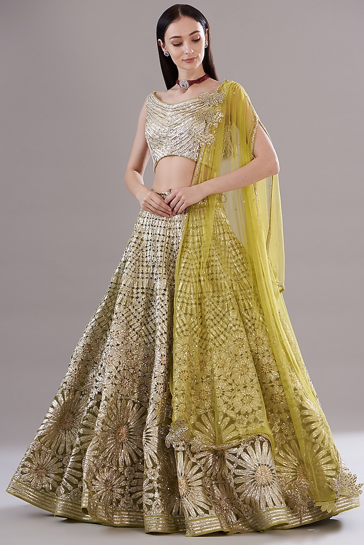 Gold Silk Organza Embroidered Bridal Lehenga Set by Varun Nidhika at Pernia's Pop Up Shop