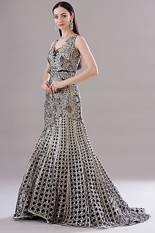 Black Silk Organza Embroidered Gown by Varun Nidhika