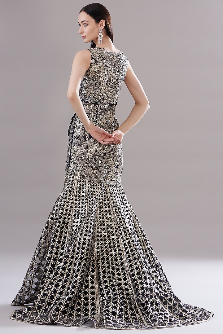 Black Silk Organza Embroidered Bridal Gown by Varun Nidhika at Pernia's Pop Up Shop