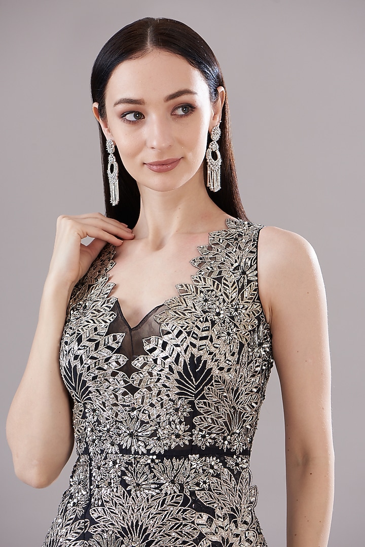 Black Silk Organza Embroidered Bridal Gown by Varun Nidhika at Pernia's Pop Up Shop