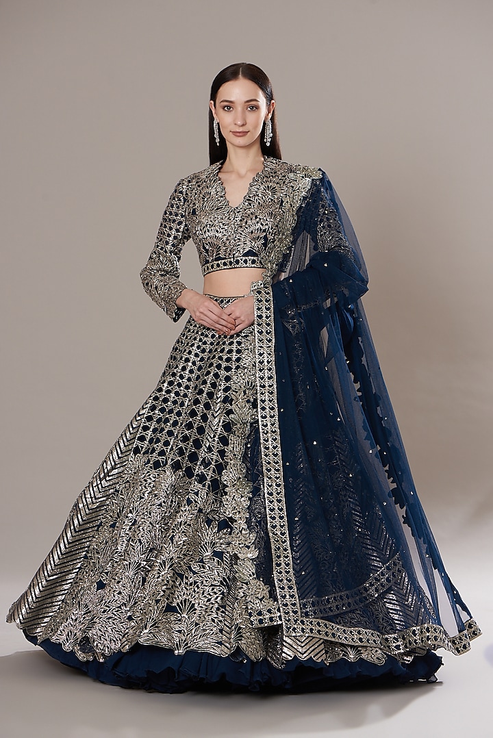 Navy Blue Silk Organza Embroidered Bridal Lehenga Set by Varun Nidhika at Pernia's Pop Up Shop