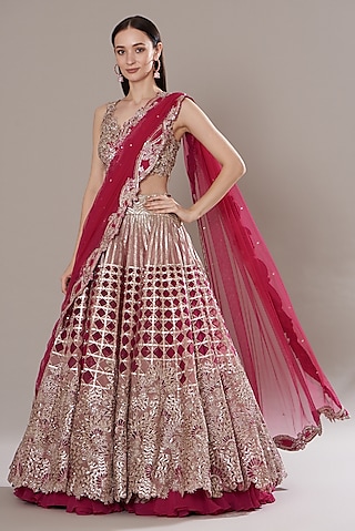 Fuchsia Silk Organza Embroidered Lehenga Set by Varun Nidhika