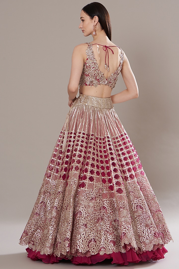 Fuchsia Silk Organza Embroidered Bridal Lehenga Set by Varun Nidhika at Pernia's Pop Up Shop