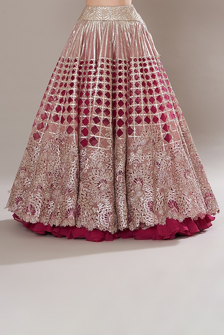 Fuchsia Silk Organza Embroidered Bridal Lehenga Set by Varun Nidhika at Pernia's Pop Up Shop