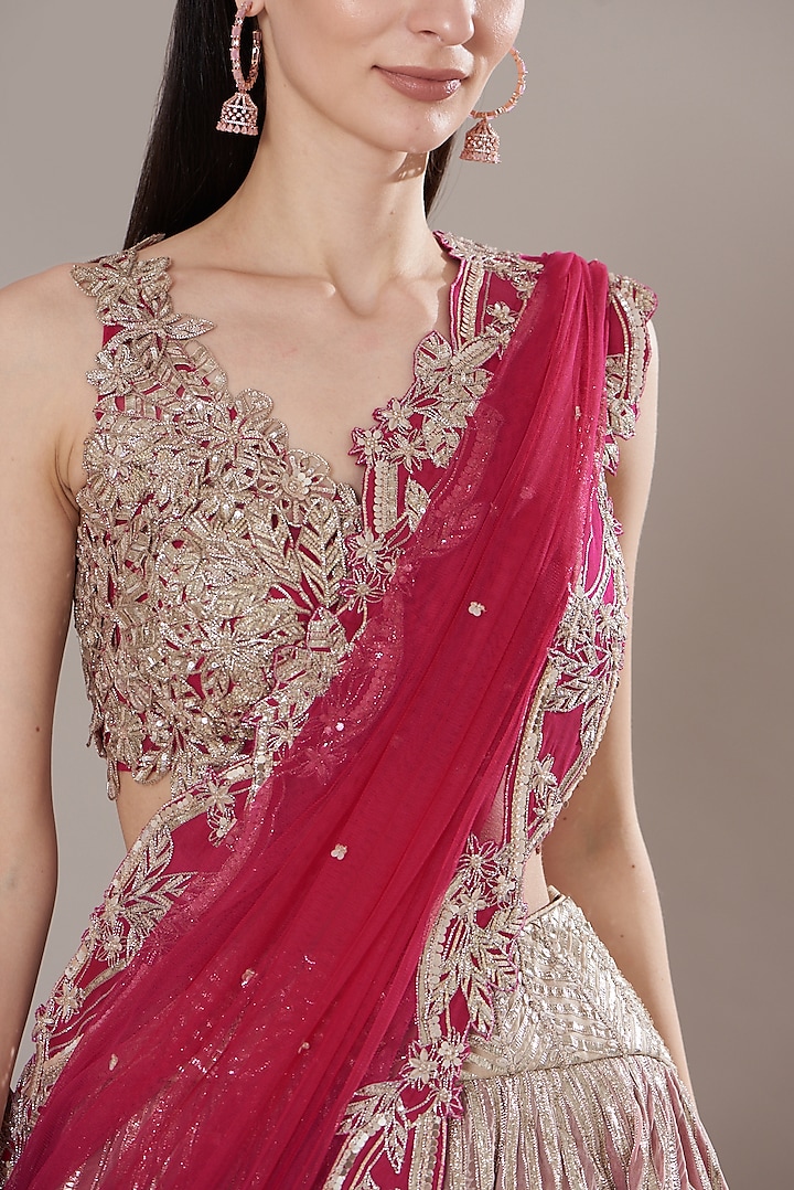 Fuchsia Silk Organza Embroidered Bridal Lehenga Set by Varun Nidhika at Pernia's Pop Up Shop