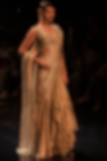 Beige Gold Organza Embroidered Pre-Stitched Bridal Saree Set by Varun Nidhika at Pernia's Pop Up Shop