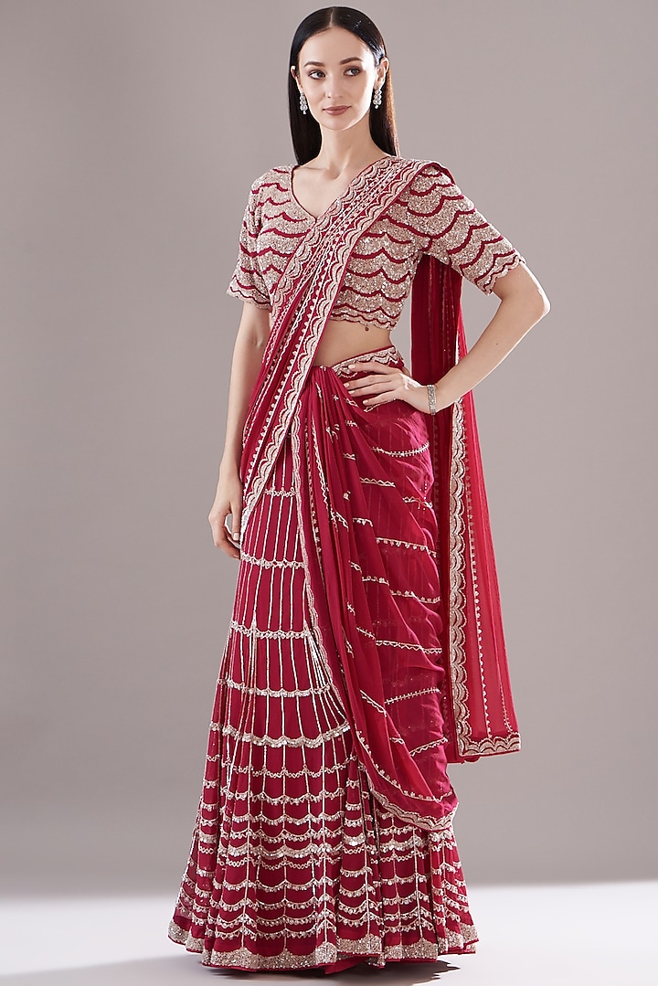 Fuchsia Chiffon Sequins Embroidered Lehenga Saree Set by Varun Nidhika