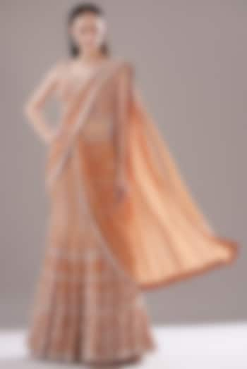 Tangerine Chiffon Pre-Stitched Embroidered Saree Set by Varun Nidhika at Pernia's Pop Up Shop