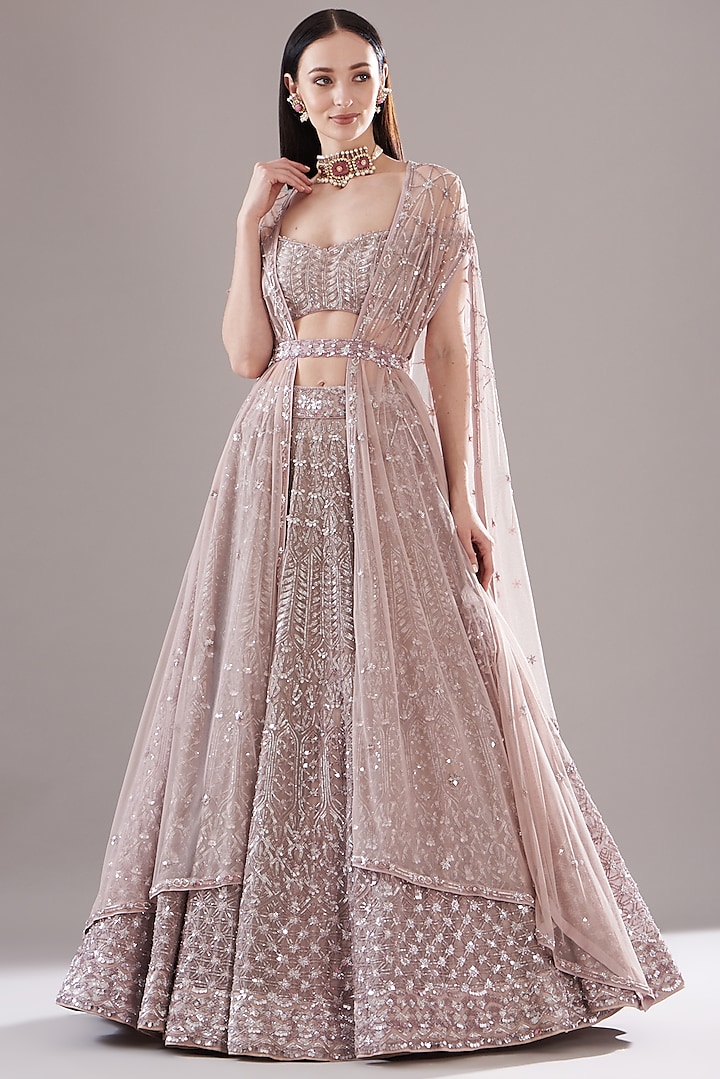 Lilac Silk Organza Embroidered Bridal Lehenga Set by Varun Nidhika at Pernia's Pop Up Shop