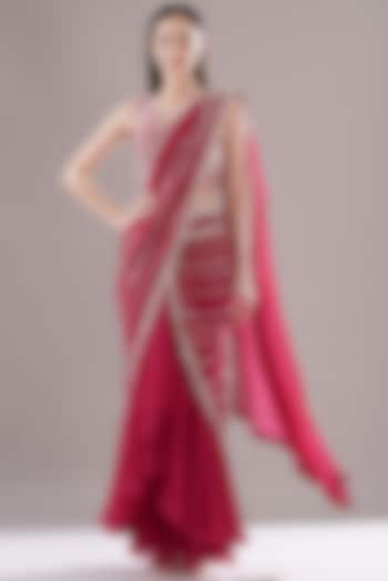 Fuchsia Organza Embroidered Draped Saree Set by Varun Nidhika