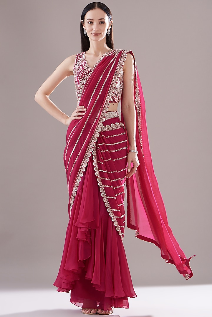 Fuchsia Organza Embroidered Draped Saree Set by Varun Nidhika