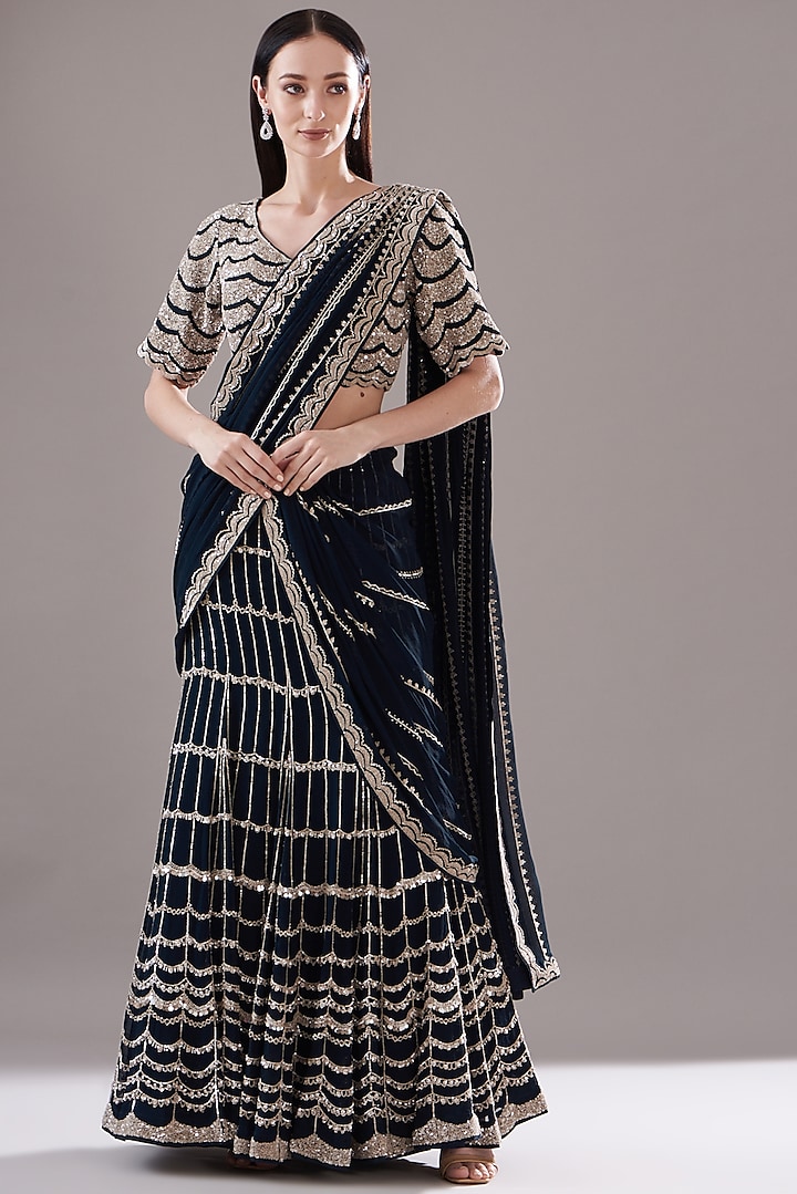 Navy Blue Chiffon Embroidered Lehenga Saree Set by Varun Nidhika