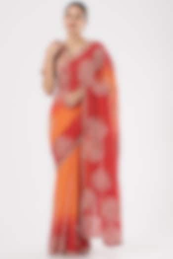 Orange & Cadmium Red Embroidered Saree Set by Varun Nidhika at Pernia's Pop Up Shop