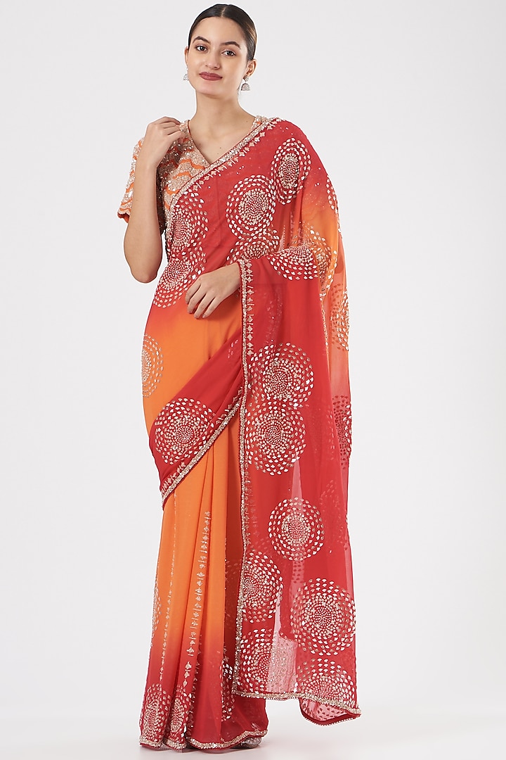 Orange & Cadmium Red Embroidered Saree Set by Varun Nidhika