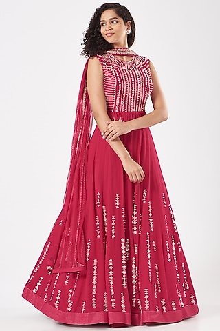Fuchsia Embroidered Anarkali Set by Varun Nidhika