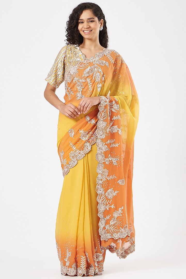 Yellow Embroidered Saree Set by Varun Nidhika