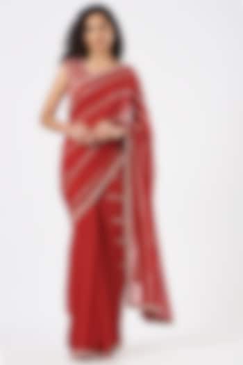 Red Chiffon Embroidered Saree Set by Varun Nidhika
