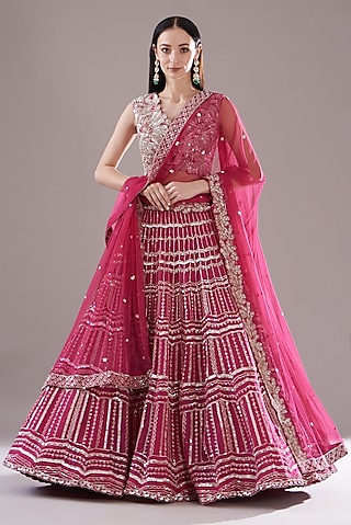 Fuchsia Organza Embroidered Chevron Layered Lehenga Set by Varun Nidhika
