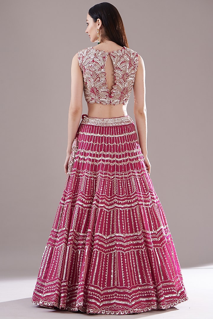 Fuchsia Organza Embroidered Chevron Layered Bridal Lehenga Set by Varun Nidhika at Pernia's Pop Up Shop