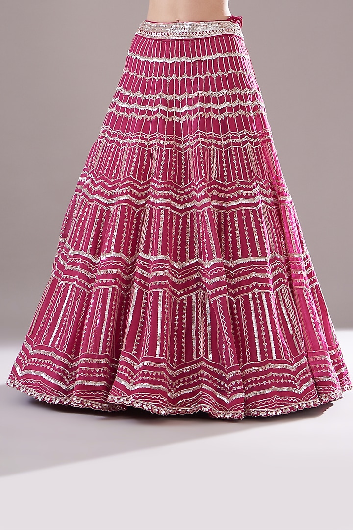 Fuchsia Organza Embroidered Chevron Layered Bridal Lehenga Set by Varun Nidhika at Pernia's Pop Up Shop