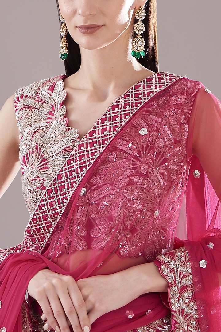 Fuchsia Organza Embroidered Chevron Layered Bridal Lehenga Set by Varun Nidhika at Pernia's Pop Up Shop
