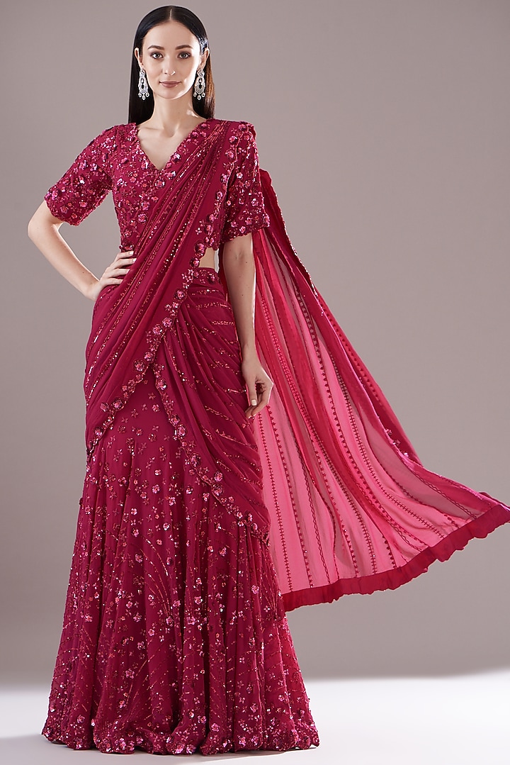 Fuchsia Chiffon Embroidered Pre-Stitched Saree Set Design by Varun ...