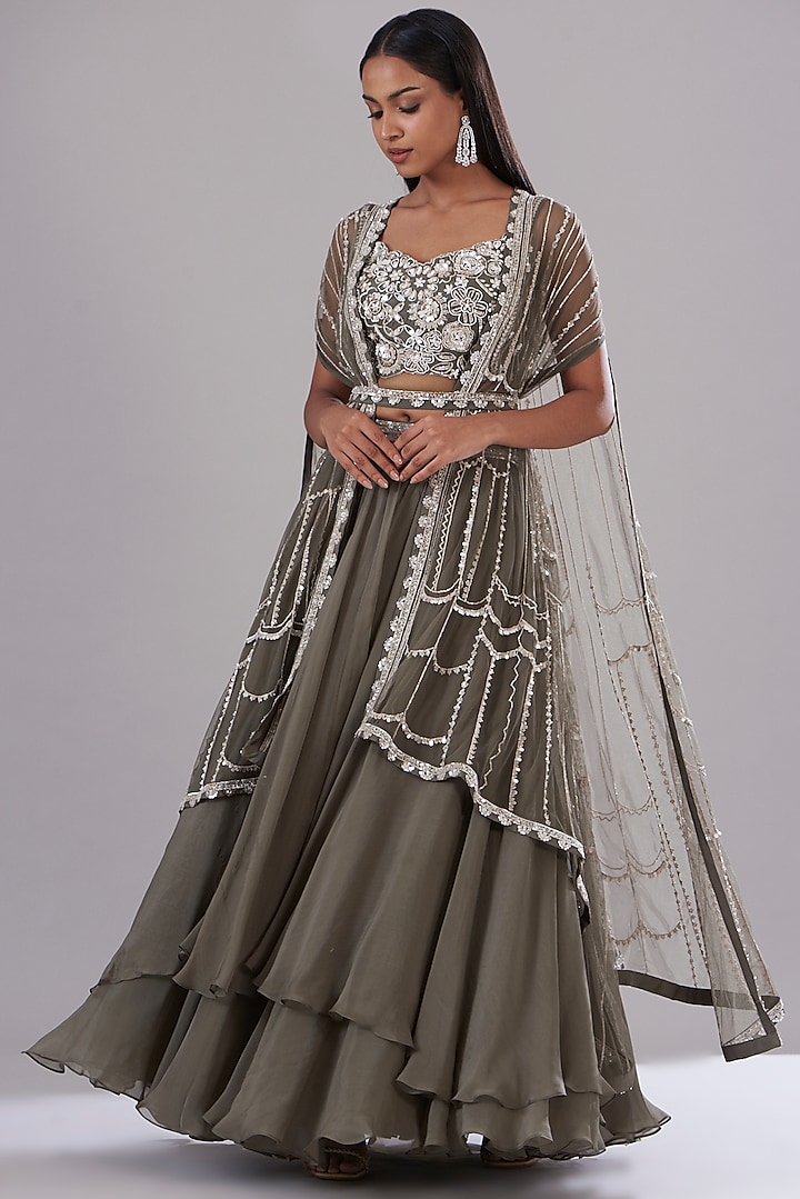Grey Georgette Embroidered Cape Set by Varun Nidhika