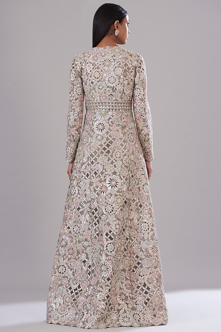 Grey Silk Organza Embroidered Jacket Set by Varun Nidhika at Pernia's Pop Up Shop