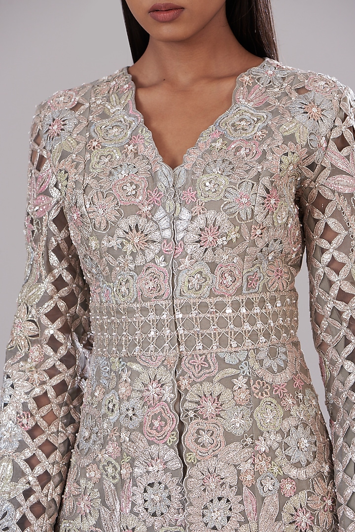 Grey Silk Organza Embroidered Jacket Set by Varun Nidhika at Pernia's Pop Up Shop