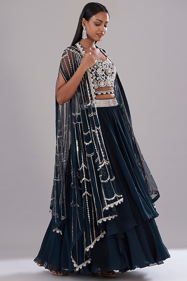 Navy Blue Georgette Embroidered Cape Set by Varun Nidhika