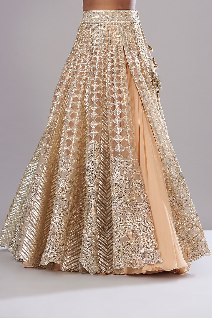 Beige Bridal Lehenga Set in Silk With Organza Flowers And 3D Embroidery