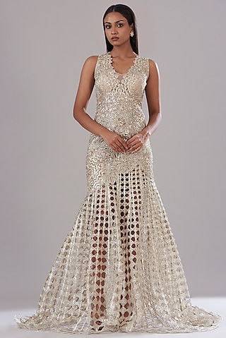 Beige Silk Organza Hand Embroidered Gown by Varun Nidhika