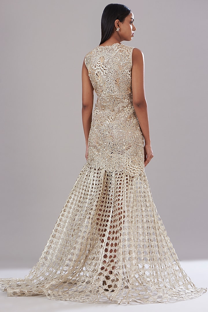Beige Silk Organza Hand Embroidered Bridal Gown by Varun Nidhika at Pernia's Pop Up Shop